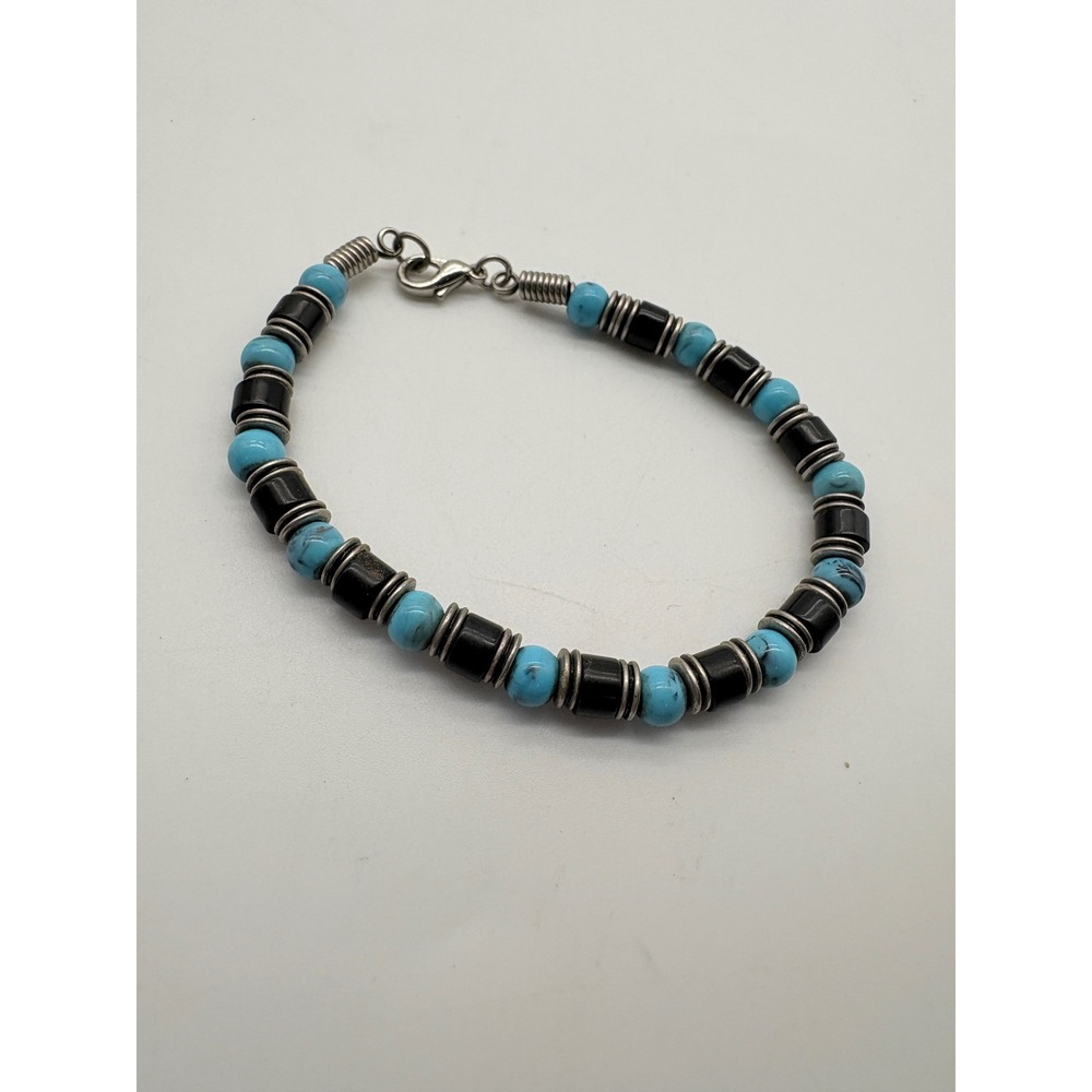 Unisex Turquoise and Black Beaded Bracelet Silver Tone Spacers 7.25 Inch